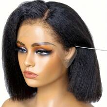 Kinky Straight Wig Human Hair 13x4 Transparent Lace Front Wigs Human Hair Wigs For Women Yaki Straight Human Hair Wig Glueless Frontal Wigs Human Hair Pre Plucked Bob Wig 200% Density - Natural Black - Xem 2