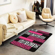 1pc Leopard And Zebra Print Area Rug, Pink Black White Animal Pattern, Polyester Non-Slip Backing, Home Decor Accent Carpet For Living Room, Bedroom, Office, Geometric Hunting Decoration Mat