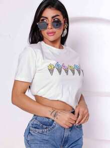 T-Shirt Ice Cream Print T Shirt Women's Fashion Delicate Cute Modern Casual Princess Sweet Romantic - 黑色 - 查看 5