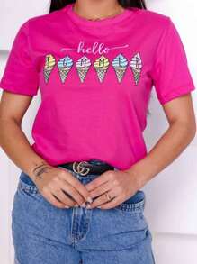T-Shirt Ice Cream Print T Shirt Women's Fashion Delicate Cute Modern Casual Princess Sweet Romantic - 黑色 - 查看 3