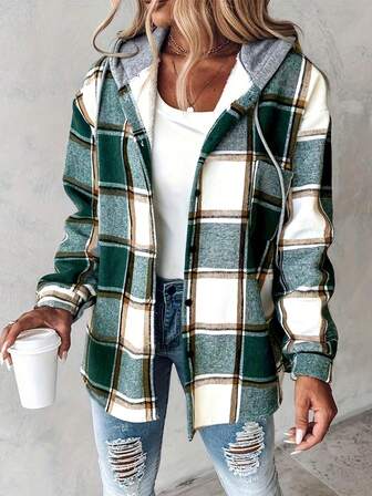 Women's Retro Plaid Casual Hooded Jacket