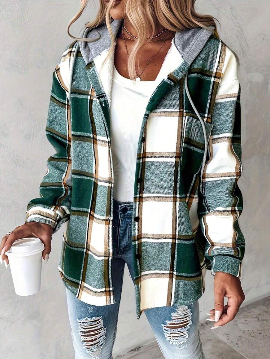 Women's Retro Plaid Casual Hooded Jacket