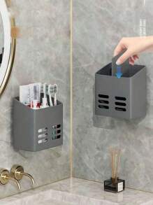 2pcs Self-Adhesive Kitchen Wall Mount Organizer Rack, Plastic Material, May Have Slight Scratches (Normal, Won't Affect Use), Bathroom & Bedroom Organizer Caddy For Utensils, Makeup, Remote Controls - Grey - View 4