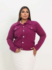 WOMEN'S CASUAL PLUS SIZE JEANS JACKET - Rose Red - View 5