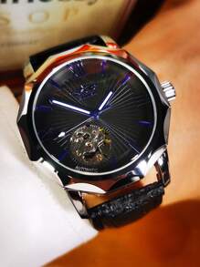 T-WINNER 1 件男士简约商务自动机械表不对称表壳夜光指针黑色皮革表带时尚镂空手表节日生日礼物 - 黑色 - 查看 2