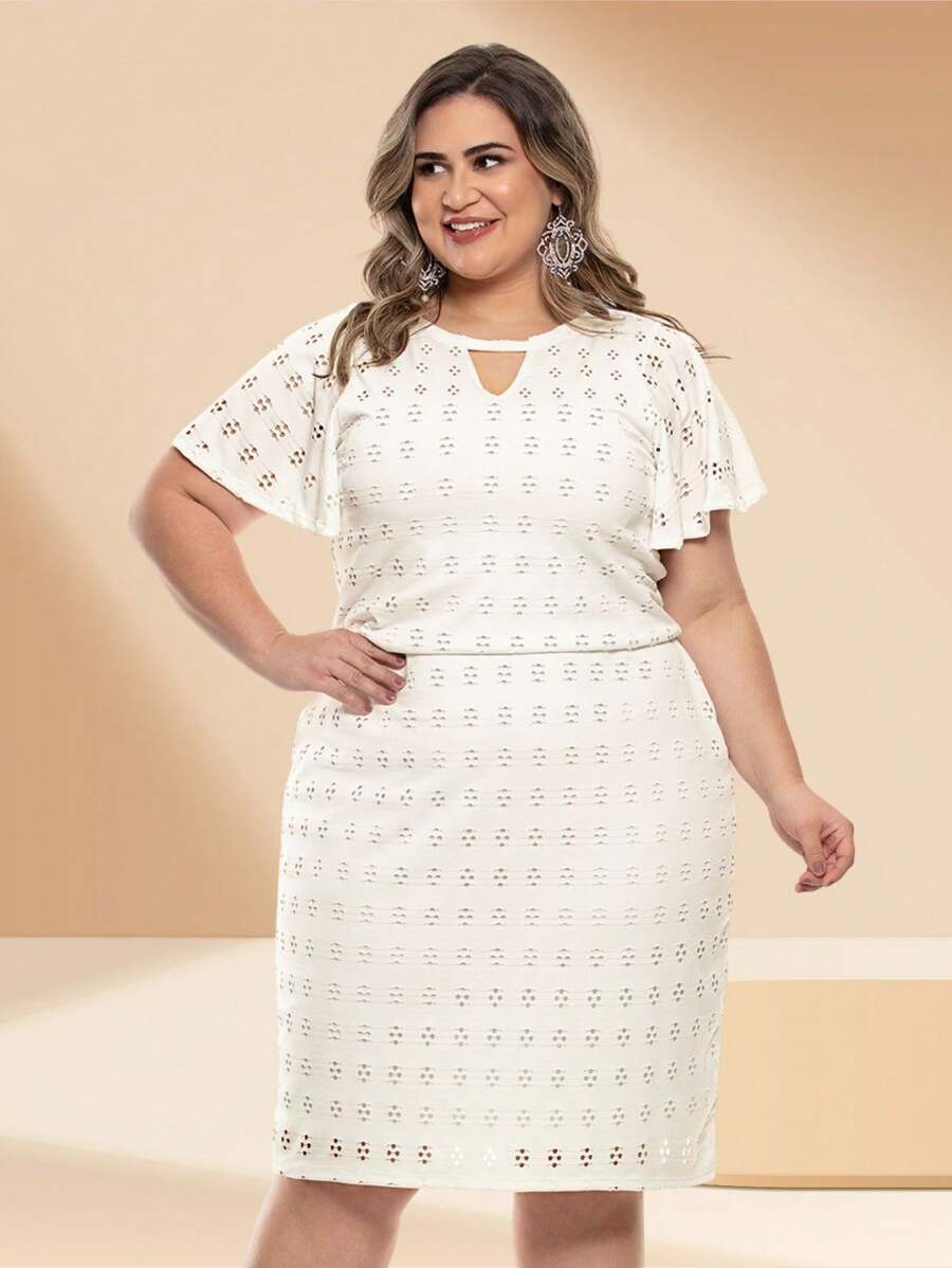 Plus Size Dress In Ice Laise Knit With Lining - trắng - Xem 1