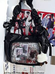 Bolso de correa japonés de satén brillante, bolso de hombro con pliegues, bolso cruzado de PVC transparente, billetera y bolso en forma de nube, regalo para niñas, suave y portátil - Negro - Ver 4