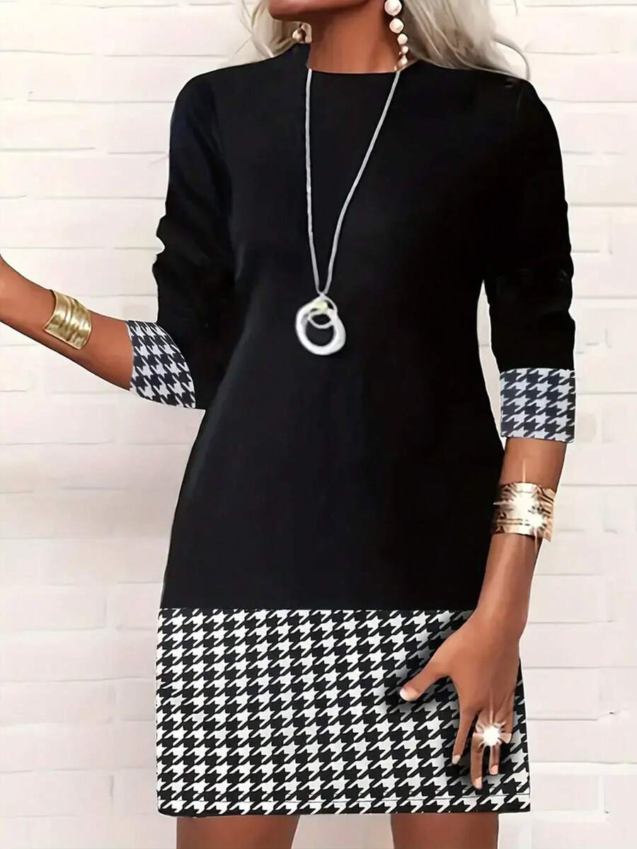 Chic Contrast Houndstooth Crew Neck Dress - Long Sleeve Spring & Fall Wardrobe Essential - Stylish And Comfortable Women Clothing