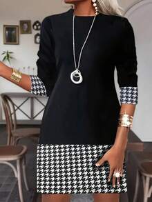 Chic Contrast Houndstooth Crew Neck Dress - Long Sleeve Spring & Fall Wardrobe Essential - Stylish And Comfortable Women Clothing