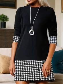 Chic Contrast Houndstooth Crew Neck Dress - Long Sleeve Spring & Fall Wardrobe Essential - Stylish And Comfortable Women Clothing