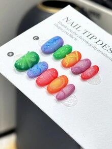 10 đầu móng tay hình bầu dục ngắn thủ công, họa tiết nổi 3D không đối xứng chuyển màu cầu vồng, phụ kiện làm móng nghệ thuật thanh lịch dành cho phụ nữ, kèm theo bộ dụng cụ làm móng - Nhiều màu - Xem 4