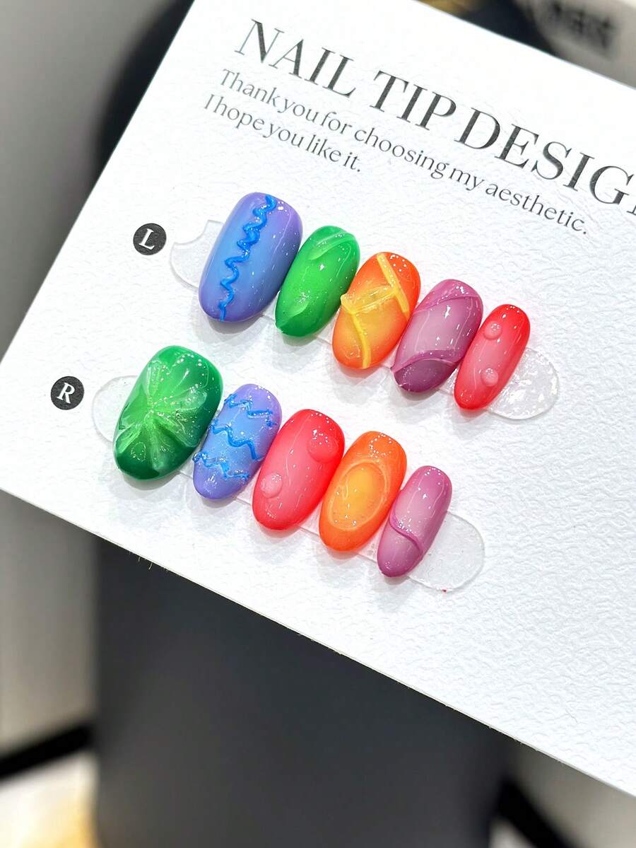 10 đầu móng tay hình bầu dục ngắn thủ công, họa tiết nổi 3D không đối xứng chuyển màu cầu vồng, phụ kiện làm móng nghệ thuật thanh lịch dành cho phụ nữ, kèm theo bộ dụng cụ làm móng - Nhiều màu - Xem 1