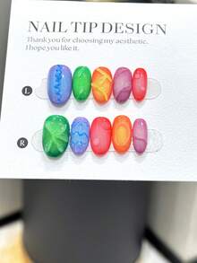 10 đầu móng tay hình bầu dục ngắn thủ công, họa tiết nổi 3D không đối xứng chuyển màu cầu vồng, phụ kiện làm móng nghệ thuật thanh lịch dành cho phụ nữ, kèm theo bộ dụng cụ làm móng - Nhiều màu - Xem 2