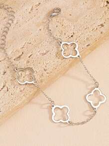 1pc Minimalist Elegant 18K Gold Plated Stainless Steel Hollow Four-Leaf Clover Shaped Chain Bracelet, Suitable For Women's Daily Or Date Wear, Or As Festival Gift