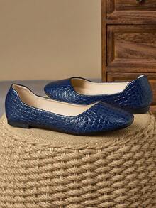 女士方头浅口平底休闲办公通勤鞋，黑色，百搭，适合秋季穿着 - 藏蓝色 - 查看 2