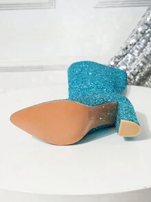 Giày bốt cao gót mũi nhọn đính sequin siêu cao thời trang mới 2025 gợi cảm, đa năng dành cho nữ - màu xanh nhạt đính sequin - Xem 8