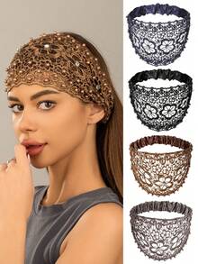 Hollow Out Vintage Koralikowa Elastyczna Opaska na Głowę - Sztuczne Kryształowe Perły Ozdobne Akcesoria Do Włosów, Elegancka Fryzura Imprezowa, Idealny Prezent Dla Dziewczyny - Wielokolorowe - Zobacz 2