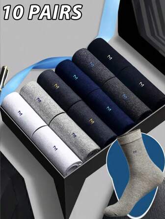 10 par herrstrumpor för affärsfritidsbruk, antibakteriella, 97 % nylon 3 % spandex, andningsbara, fukttransporterande, luktresistenta strumpor till mitten av vaden, bokstavsmönster - maskintvättbara, höst