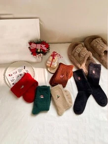 5 件/套（随机发货）女士鹿、圣诞树、涂鸦图案时尚、舒适、柔软、简约中筒袜，适合圣诞节装扮 - 彩色 - 查看 4