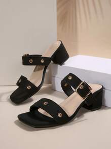 Giày cao gót đế vuông đế xuồng màu trơn cỡ lớn cho nữ, trang trí nút, thời trang dự tiệc/thường ngày, vải đen, xuân/hè - màu đen - Xem 7