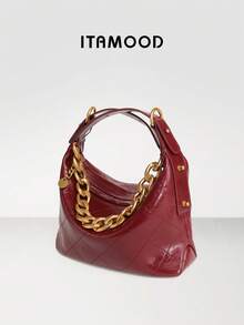 ITAMOOD Túi đeo hông công sở nhẹ nhàng, sang trọng, thanh lịch, nhẹ, da sợi nhỏ mềm mại, túi xách màu đen, túi đeo vai có khóa kéo màu trơn cổ điển tối giản họa tiết Argyle & ví đeo dưới cánh tay, túi đeo chéo có dây xích có thể điều chỉnh cho bé gái tuổi teen - Màu Đỏ Sâu - Xem 3