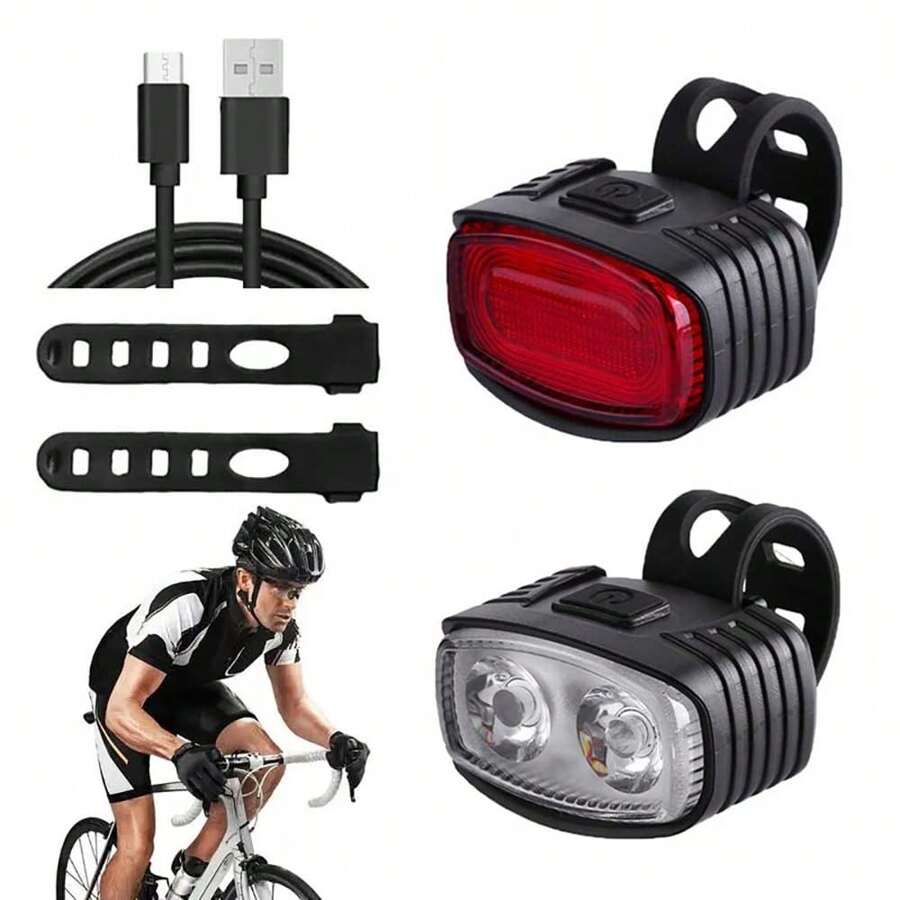 1pc USB Rechargeable Mountain Bike Front Light Safety Warning Light, Red & White Bicycle Rear Light - Multicolor - View 1