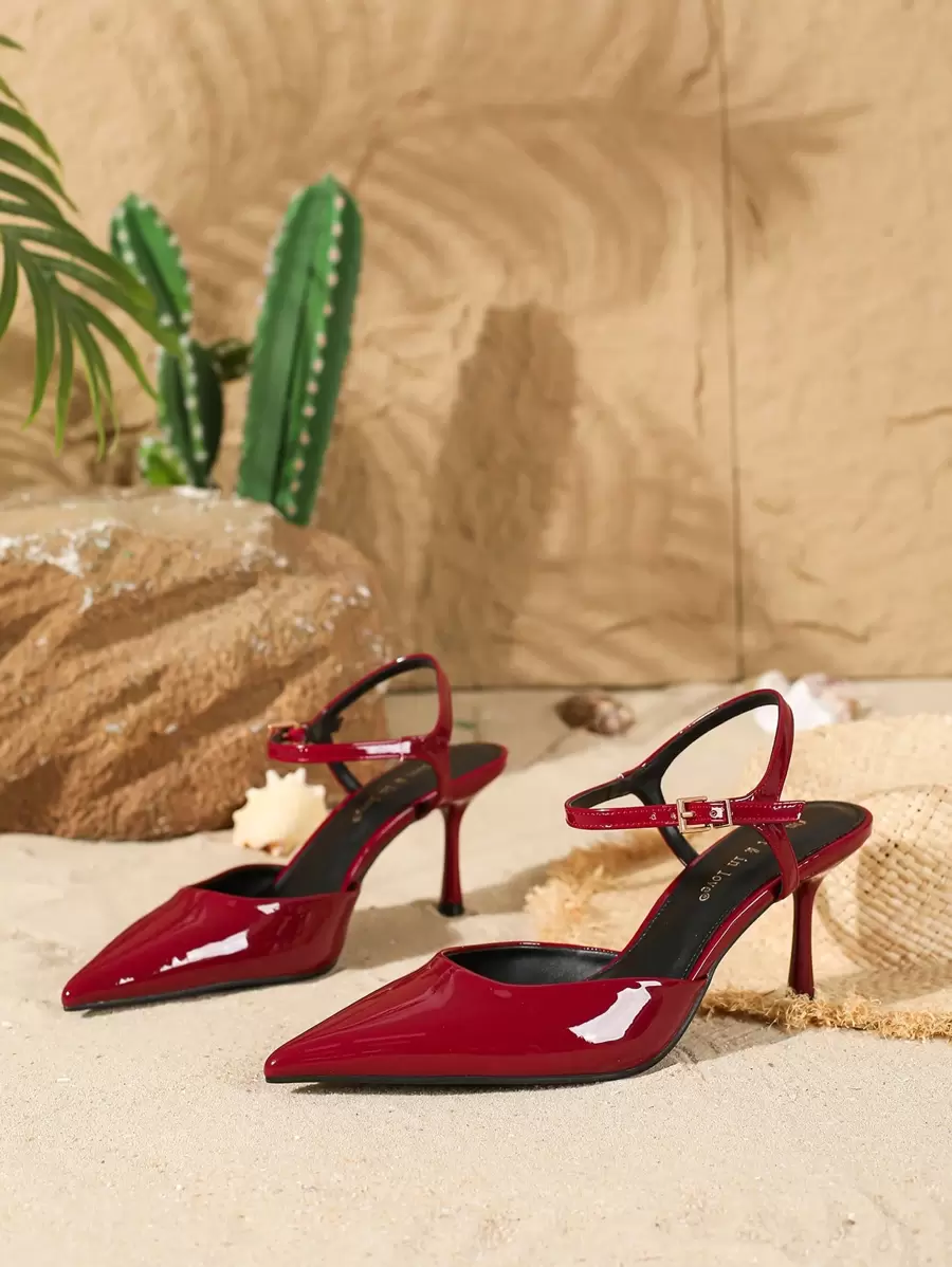 Damen Mode Herbst/Winter Lackleder Spitze Stiletto Absatz Rückenfreie Riemen High Heels, Elegant, Kitten Heels, Party - Bordeaux - Übersicht 1