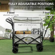 Outsunny Folding Trolley Cart Storage Wagon Beach Trailer 4 Wheels With Handle Overhead Canopy Cart Push Pull For Shopping Camping - Grey - View 4