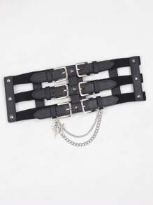 1 pieza Cinturón de estilo punk europeo y americano con cadena para mujer, banda decorativa para la cintura para vestidos y chaquetas, accesorio de entrenador de cintura de verano para damas, decoración de cadena gótica punk para vestido, cinturón negro de mujer para vestido, entrenador de cintura para adelgazamiento y control del abdomen