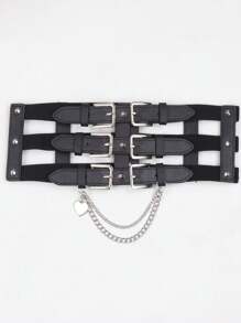 1 pieza Cinturón de estilo punk europeo y americano con cadena para mujer, banda decorativa para la cintura para vestidos y chaquetas, accesorio de entrenador de cintura de verano para damas, decoración de cadena gótica punk para vestido, cinturón negro de mujer para vestido, entrenador de cintura para adelgazamiento y control del abdomen