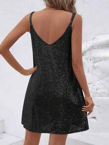 Fashionable Sleeveless Sequin V-Neck Versatile Party Black Dress, European And American Style, Summer New Arrival - Black - View 2