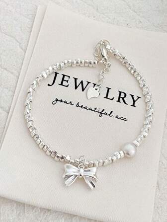 1pc Minimalist Chain Bracelet With Bow Charm, Holiday Birthday Party Gift For Girls