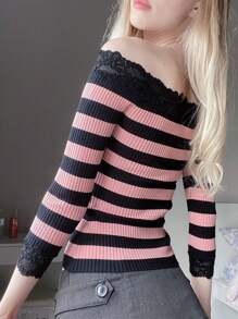 Women Long Sleeve Shirt Striped Off-Shoulder Tops Casual Pullover For Fall Club Streetwear Aesthetic Clothes - Pink - View 3