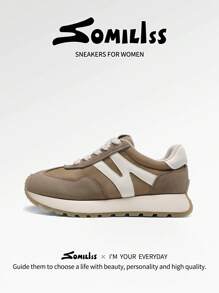 somiliss 1 Paar Damen Schnür-Sportschuhe, braune Farbe, Kombination aus Kunstleder und Stoff, rutschfest, bequem, weich, geeignet für Studenten, Laufen, klassisch modische flache Tennis Outdoor Walkingschuhe