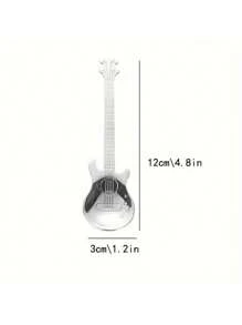1pc Silver Creative Guitar Shaped Spoon, Suitable For Coffee, Tea, Desserts, Ice Cream - Stainless Steel Kitchen Utensil, Kitchenware, Tableware - Silver - View 3