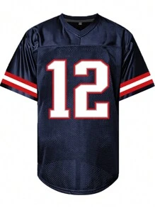 Boyfriend Style Men's Embroidery American Football Jersey 12 Blue Casual Short Sleeve V-Neck T-Shirts Party Sports Top