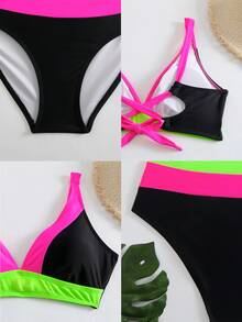 三色拼接V领露背挂脖比基尼泳衣，女士夏季度假沙滩黑色款 - 黑色 - 查看 7