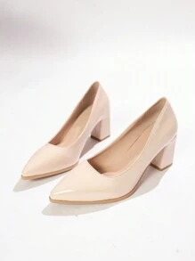 Women's Shiny High Heel Pumps, Glossy Beige Platform Chunky Heels, Elegant Ladies' High Heels Suitable For Galas, Runways, Parties, Pair With Dresses, Chunky Heel, Suitable For All Seasons