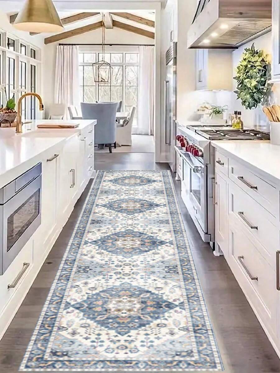 1pc Floral Pattern Hallway Carpet, Retro Distressed Carpet, Blue