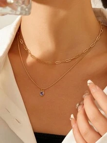 1 chiếc vòng cổ mặt dây chuyền hai lớp tối giản thời trang có hình lục giác, hình vuông, hình tròn, hình trái tim và hình năm cánh bằng đồng khảm Zirconia nhiều màu, thích hợp để đeo hàng ngày - Vàng - Xem 4