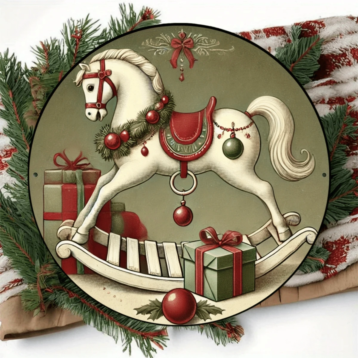 复古圣诞摇马标志 - UV 印刷，耐用防水，户外使用长达 7 年 - 非常适合家庭、庭院、花园、酒吧装饰（7.8 X 7.8 英寸），侧面有随机孔图案 - 彩色 - 查看 1