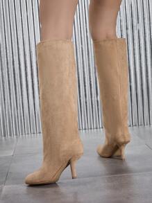 Match With Jeans,Women's Classic Runway Elastic Mid-Calf Boots, Asymmetric Heel Square Toe Suede Autumn/Winter Warm Sexy Legging Boots, Khaki Color,Kitten Heel Boots,Party - Khaki - View 3