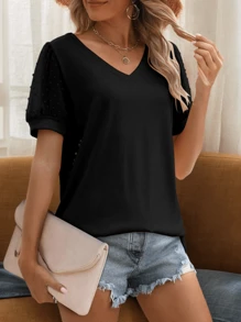 Womens Summer Tops V Neck T Shirts Swiss Dot Puff Sleeve Tops Loose Casual T-Shirts - màu đen - Xem 3