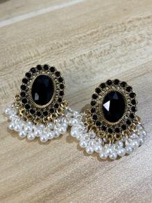 1 par de pendientes colgantes a la moda con borlas, piedras preciosas y perlas vintage, adecuados para el uso diario de las mujeres