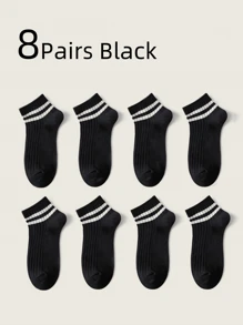8 Pairs Women's Mid-Calf Simple Double Stripe Sport Socks, Korean Style, Odor-Resistant, Comfortable, Breathable, Non-Slip, Suitable For Walking, Summer
