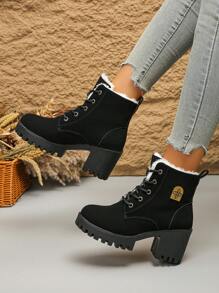 2024 Herbst/Winter Neue Stiefel mit dicker Sohle für Frauen, wasserdichte Plateau-Schnürstiefel mit hohem Absatz, Große Größen - Schwarz - Übersicht 4