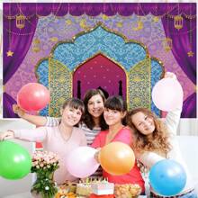 1pc Arabian Nights Magic Genie Theme Photography Backdrops Golden Glitter Bollywood Princess Sweet 16 Party Banner 59.1*39.4/82.7*59.1/106.3*70.9 Inches Moroccan Birthday Indoor Outdoor Photo Background Newborn Shower Decoration Supplies