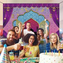 1pc Arabian Nights Magic Genie Theme Photography Backdrops Golden Glitter Bollywood Princess Sweet 16 Party Banner 59.1*39.4/82.7*59.1/106.3*70.9 Inches Moroccan Birthday Indoor Outdoor Photo Background Newborn Shower Decoration Supplies