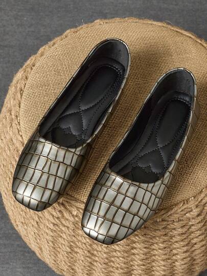 Mocasini pentru femei cu vârf pătrat plat, cu rochie casual, negri, potriviti pentru zi de zi, birou, naveta toamna