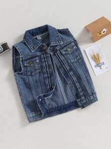 Kids Vest Jacket, Sleeveless Turn-Down Collar Button Closure Denim Vest Casual Jacket For Daily - 藍色 - 查看 3